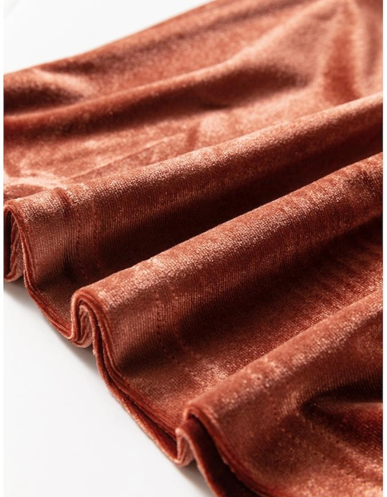 Chestnut Velvet Short Sleeve Shirred Waist Tiered Maxi Dress