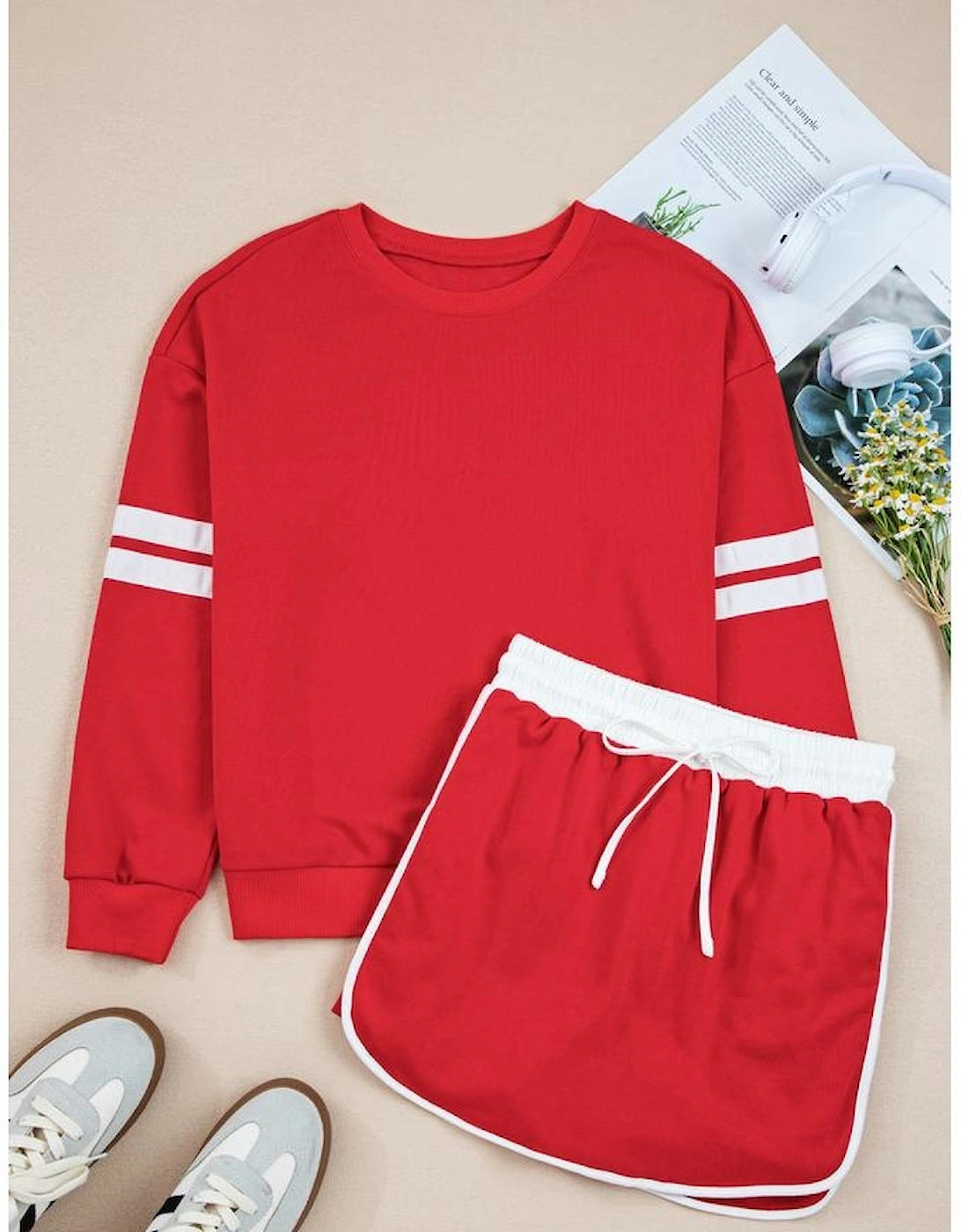 Fiery Red Varsity Stripe Detail Drop Shoulder Pullover Mini Skirt Set, 14 of 13