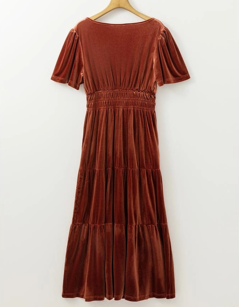 Chestnut Velvet Short Sleeve Shirred Waist Tiered Maxi Dress