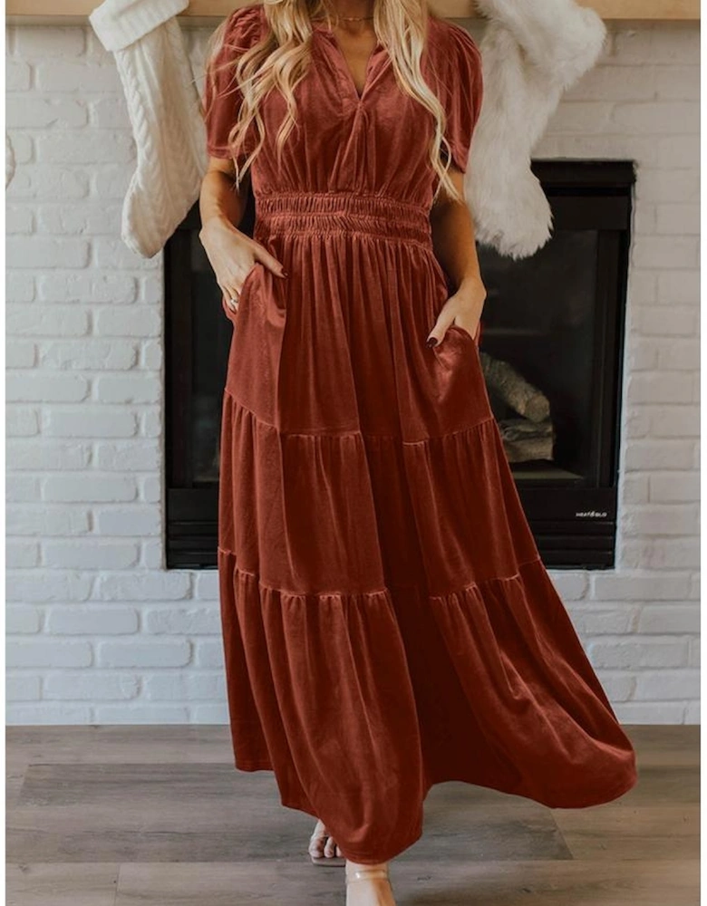 Chestnut Velvet Short Sleeve Shirred Waist Tiered Maxi Dress