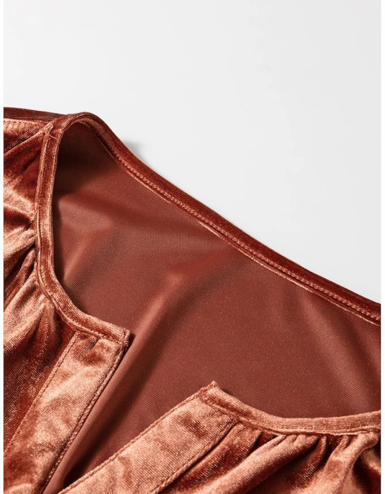 Chestnut Velvet Short Sleeve Shirred Waist Tiered Maxi Dress