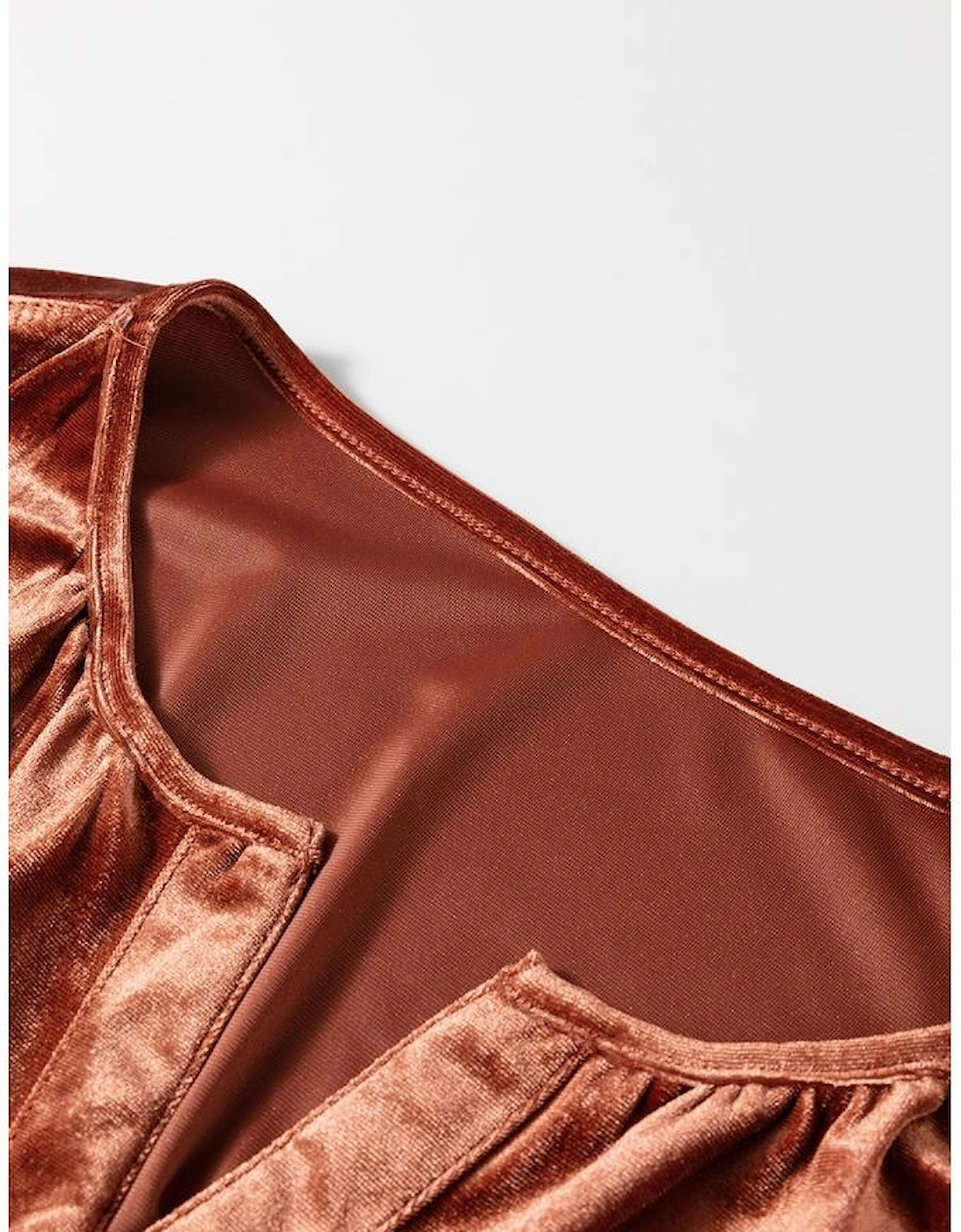 Chestnut Velvet Short Sleeve Shirred Waist Tiered Maxi Dress