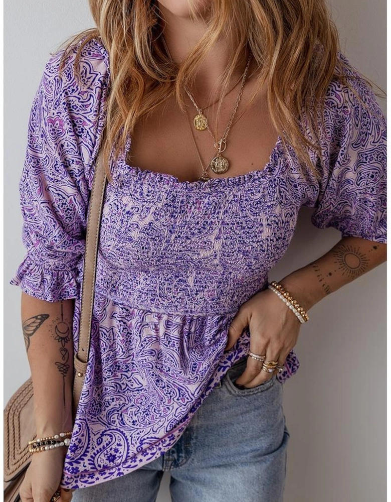Purple Boho Paisley Print Half Sleeve Shirred Peplum Blouse