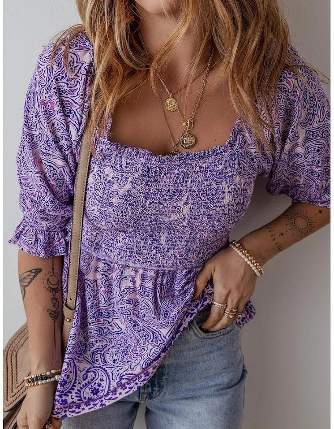Purple Boho Paisley Print Half Sleeve Shirred Peplum Blouse