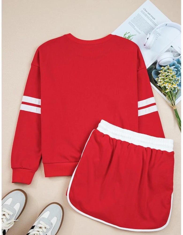 Fiery Red Varsity Stripe Detail Drop Shoulder Pullover Mini Skirt Set