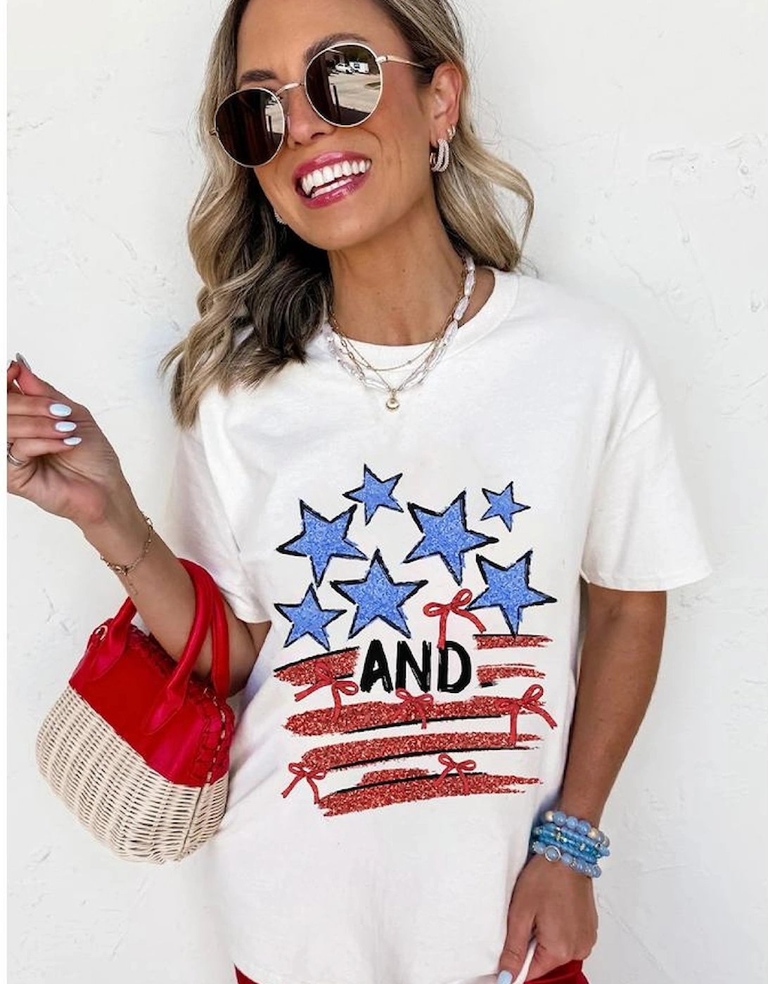 White Stars AND Stripes Bow Graphic T Shirt