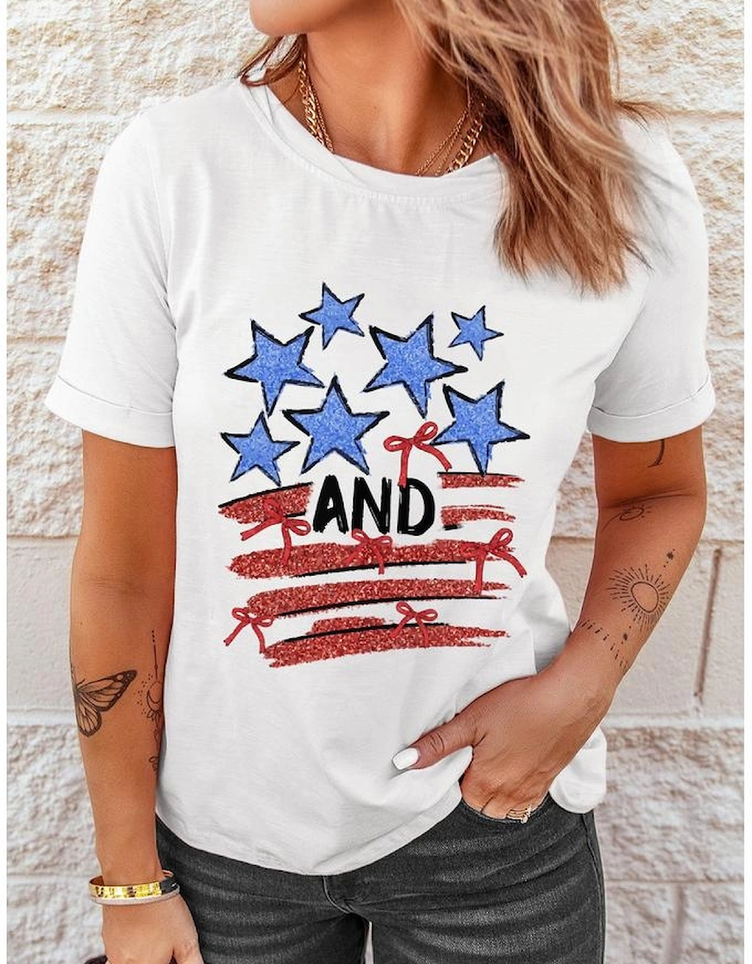 White Stars AND Stripes Bow Graphic T Shirt