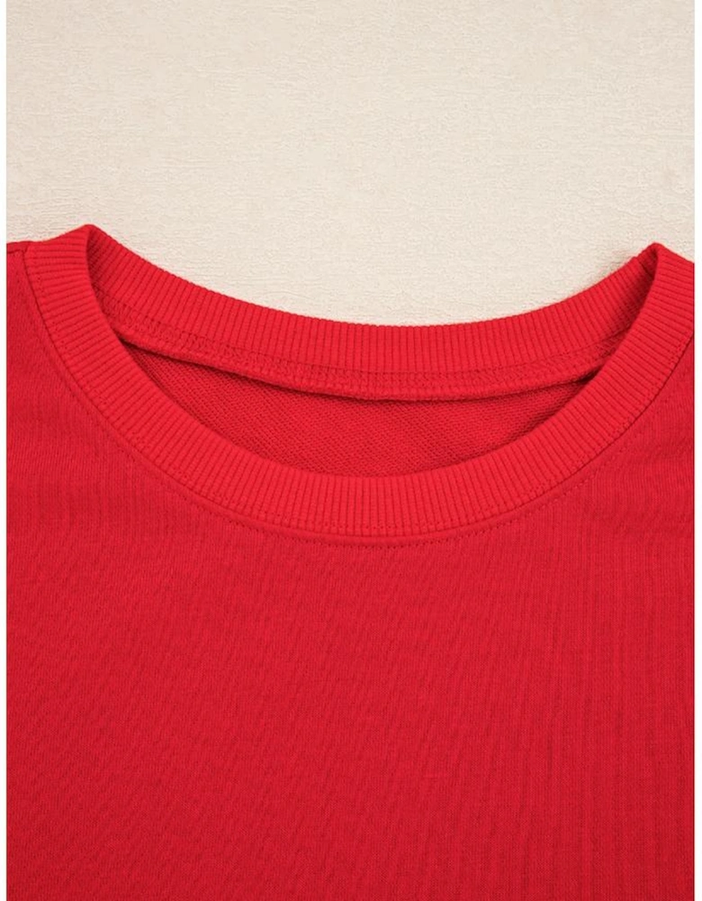 Fiery Red Varsity Stripe Detail Drop Shoulder Pullover Mini Skirt Set