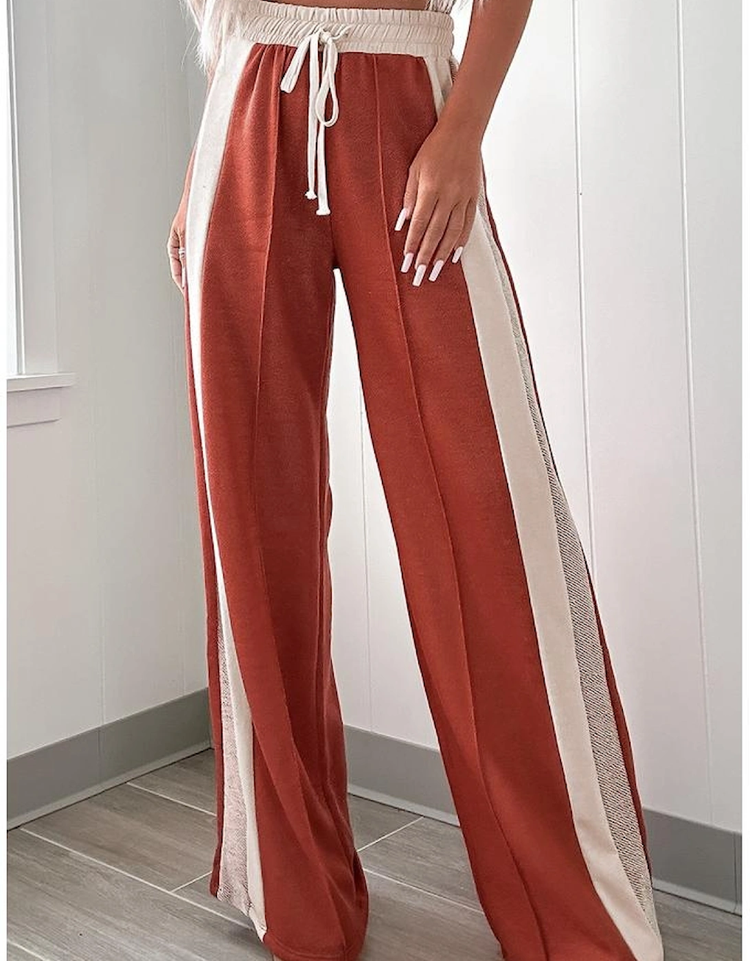 Flamingo Color Block Drawstring High Waist Wide Leg Pants