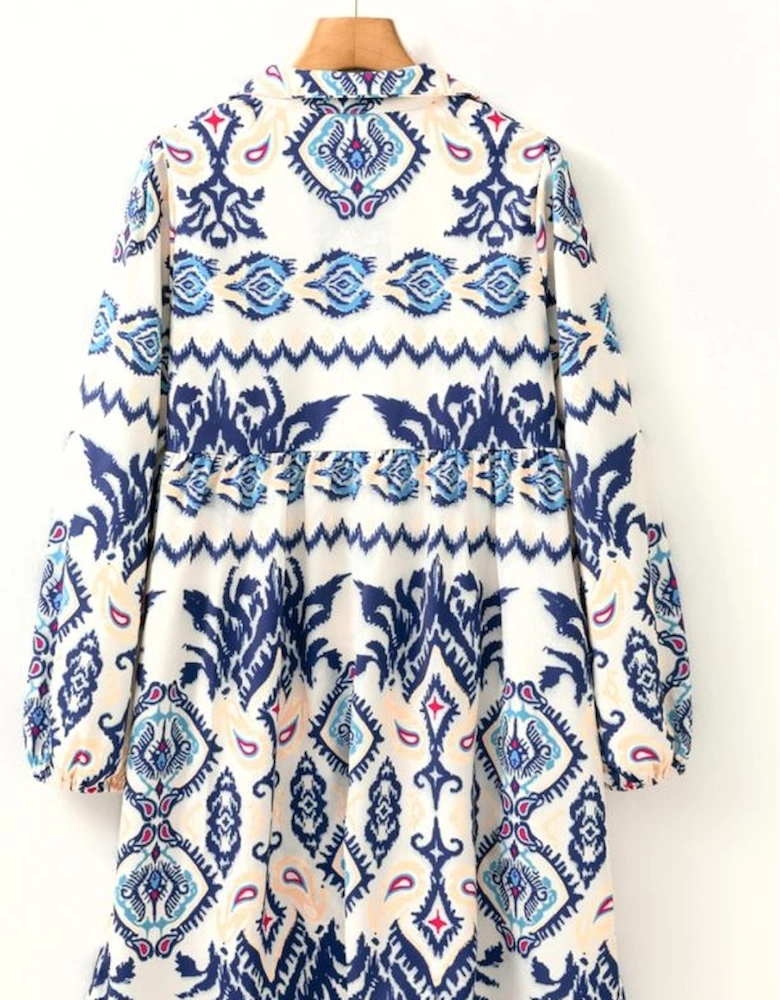 Blue Ethnic Print Striped Split Neck Long Sleeve Flowy Mini Dress