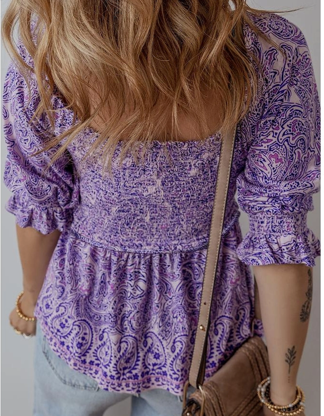 Purple Boho Paisley Print Half Sleeve Shirred Peplum Blouse