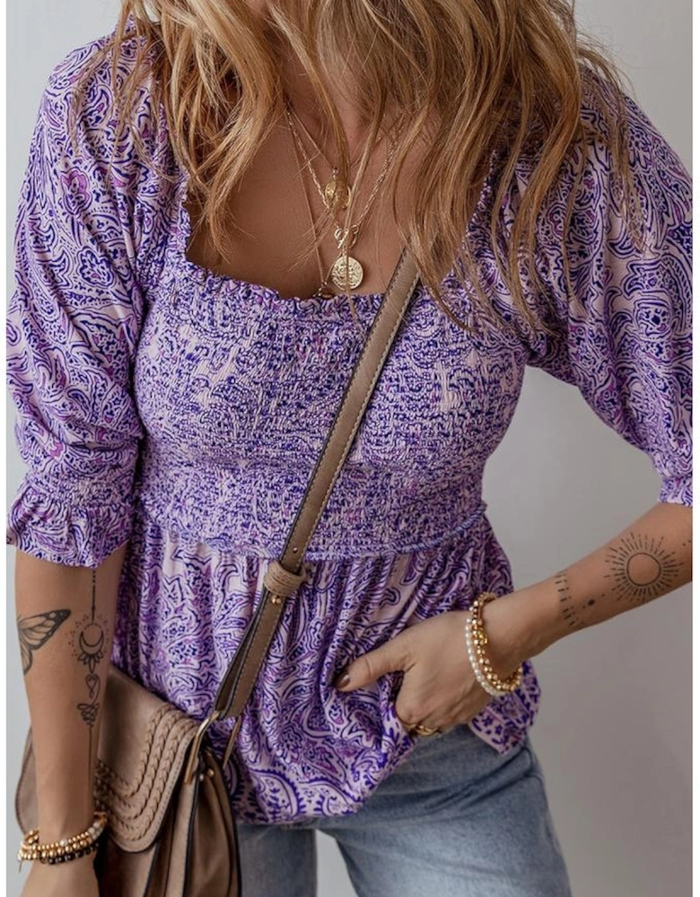 Purple Boho Paisley Print Half Sleeve Shirred Peplum Blouse