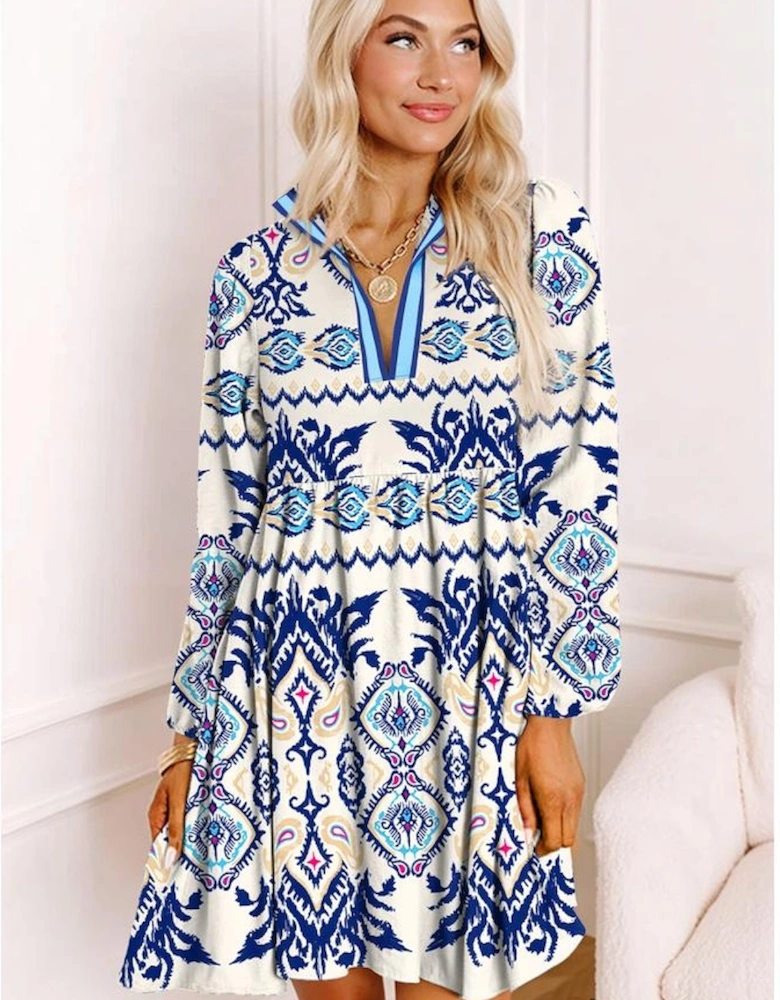 Blue Ethnic Print Striped Split Neck Long Sleeve Flowy Mini Dress