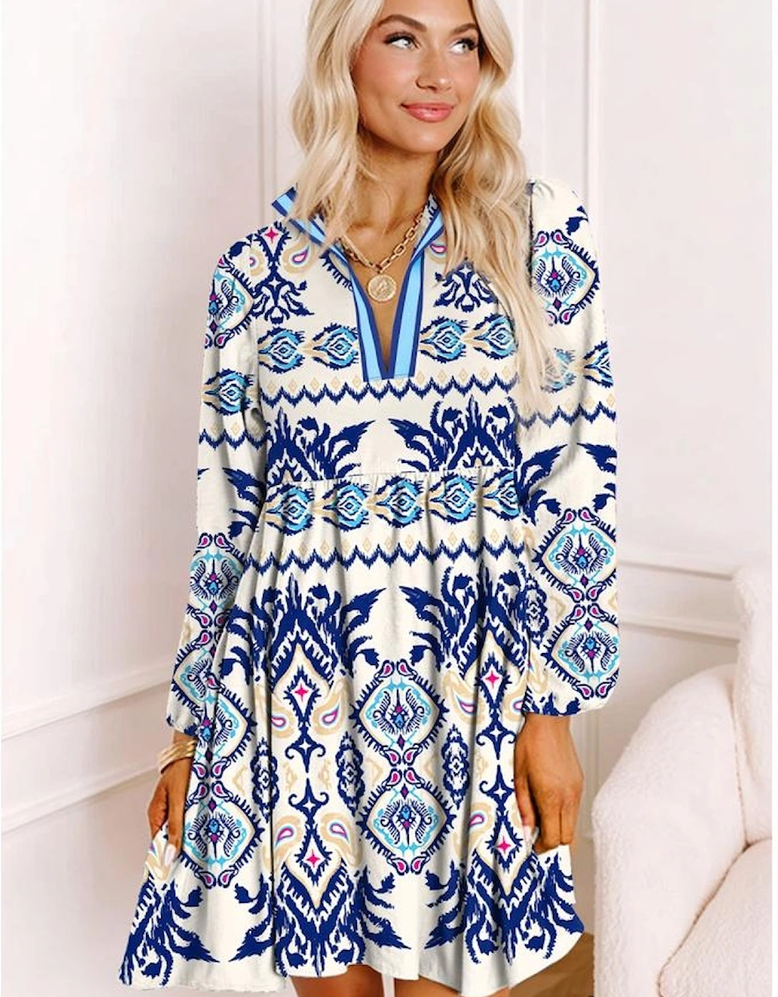 Blue Ethnic Print Striped Split Neck Long Sleeve Flowy Mini Dress, 11 of 10