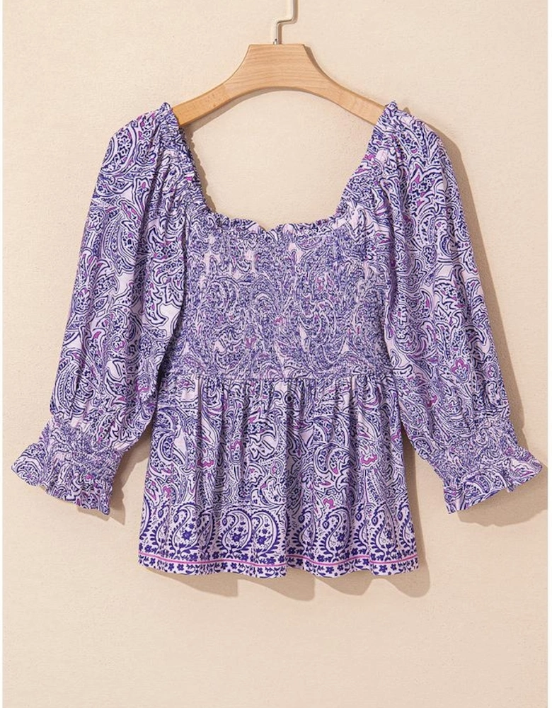 Purple Boho Paisley Print Half Sleeve Shirred Peplum Blouse