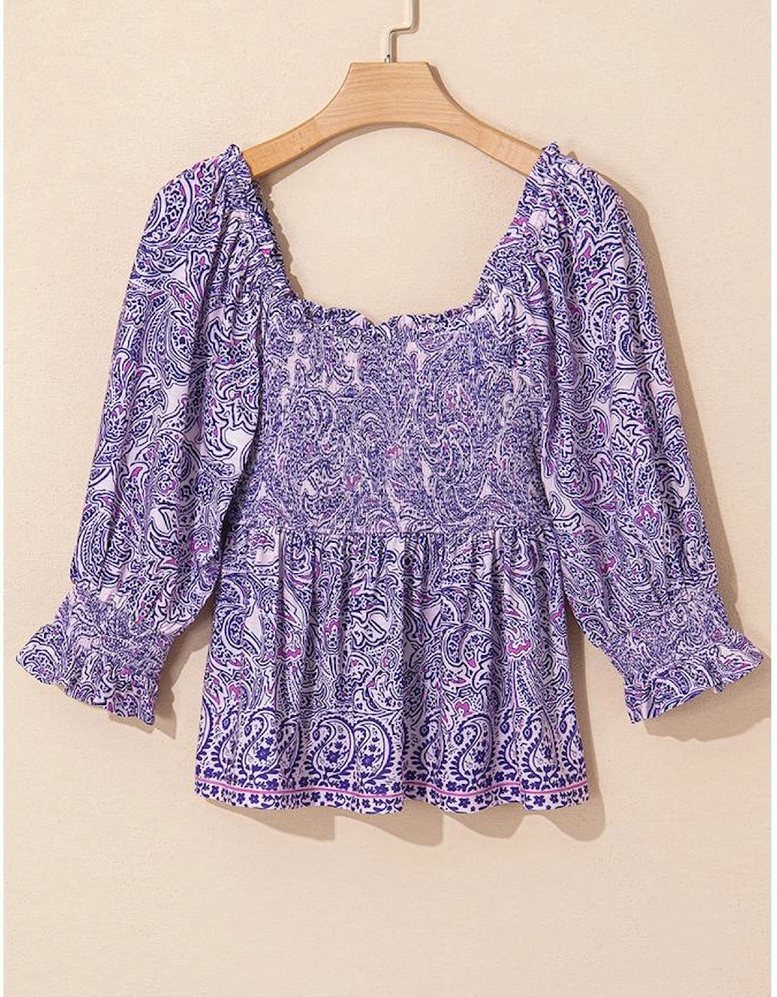 Purple Boho Paisley Print Half Sleeve Shirred Peplum Blouse