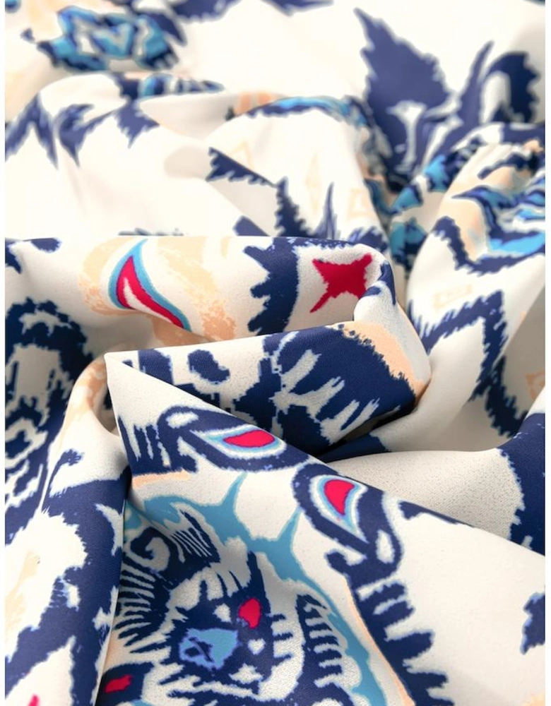 Blue Ethnic Print Striped Split Neck Long Sleeve Flowy Mini Dress