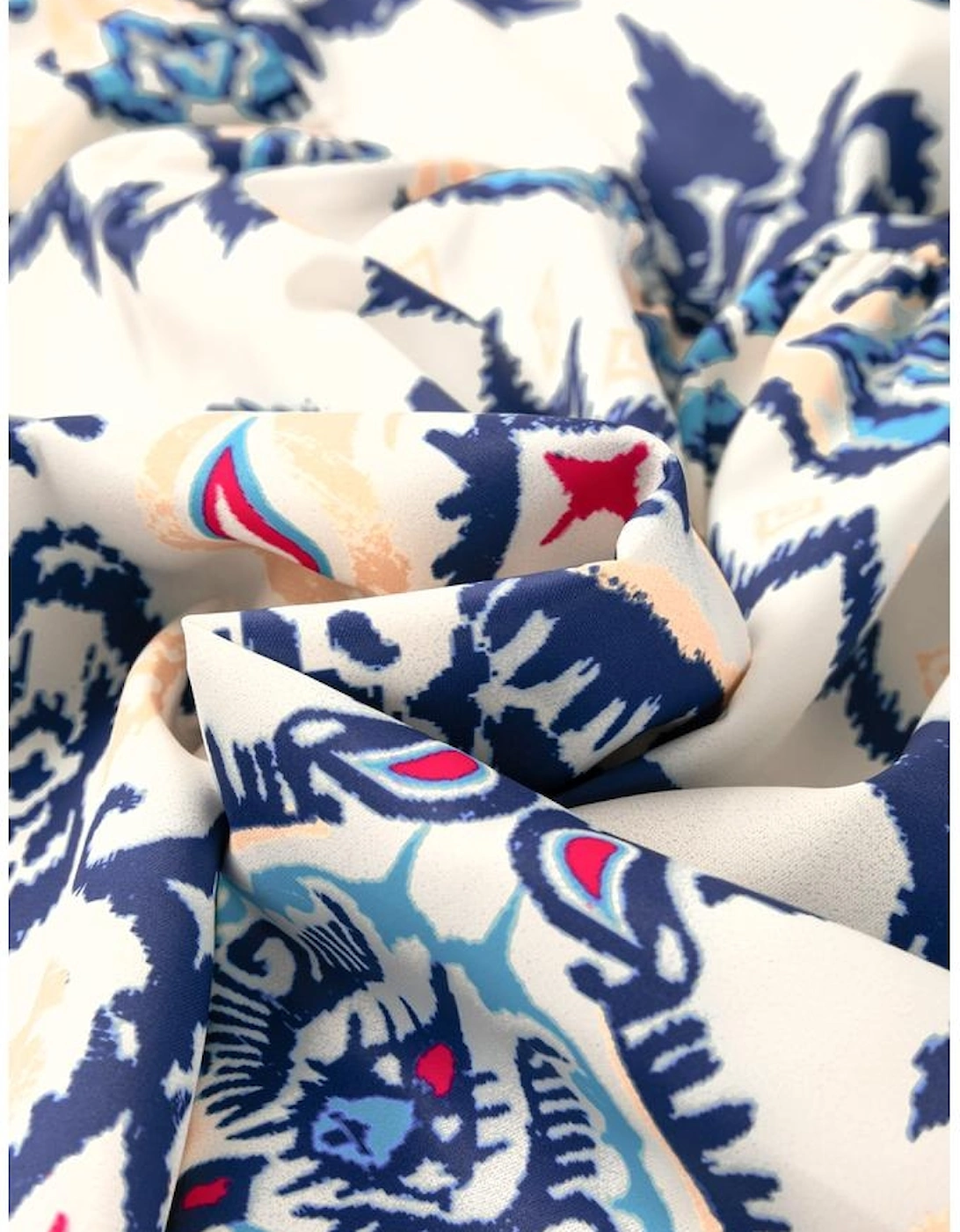 Blue Ethnic Print Striped Split Neck Long Sleeve Flowy Mini Dress