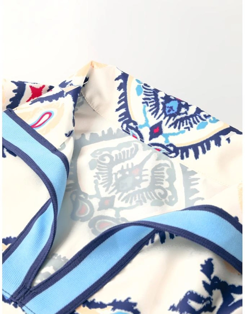 Blue Ethnic Print Striped Split Neck Long Sleeve Flowy Mini Dress