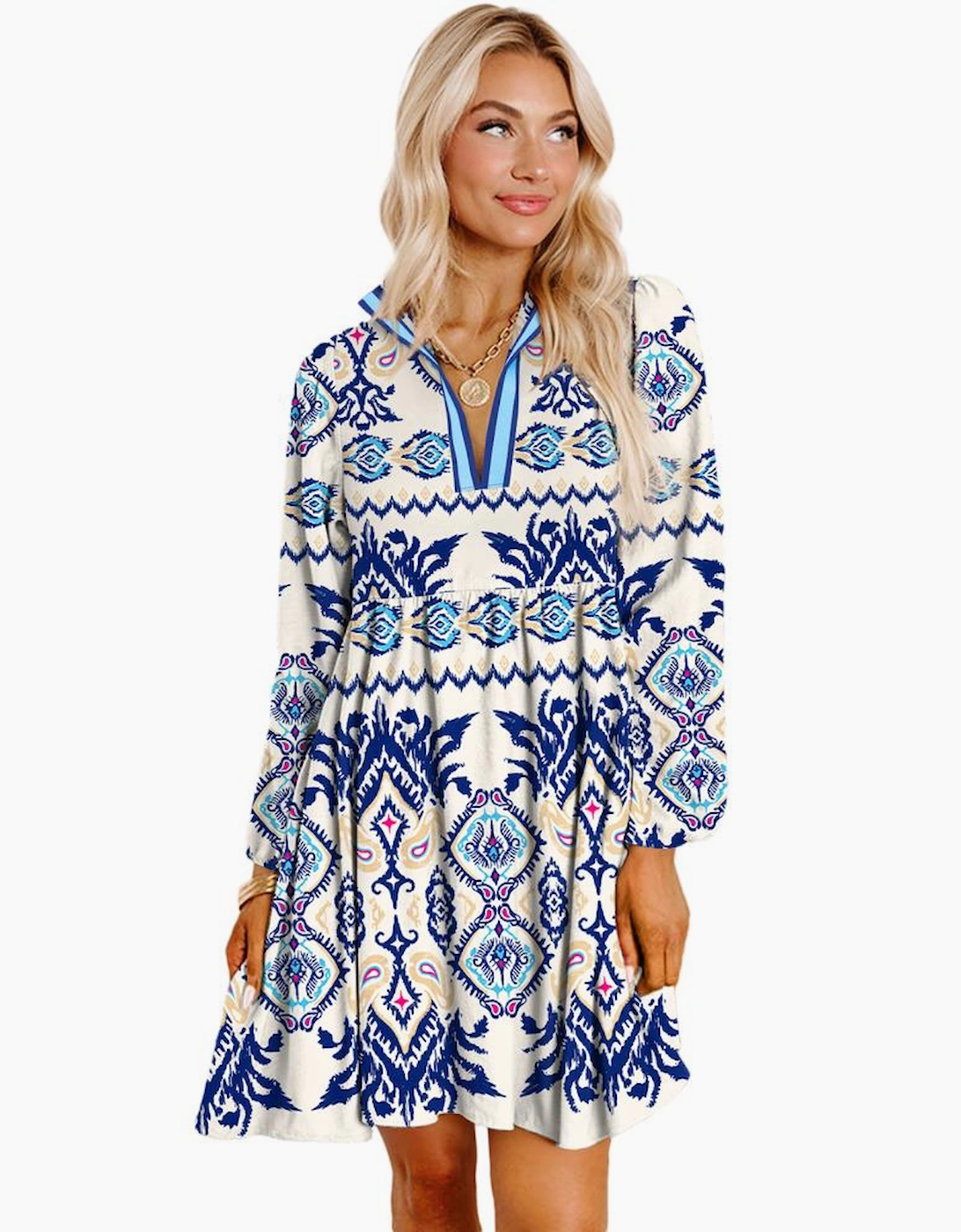 Blue Ethnic Print Striped Split Neck Long Sleeve Flowy Mini Dress