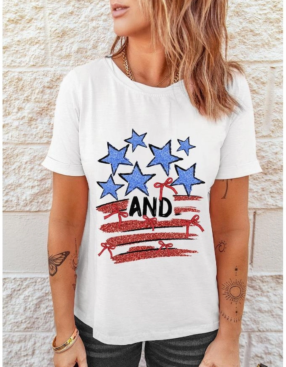 White Stars AND Stripes Bow Graphic T Shirt