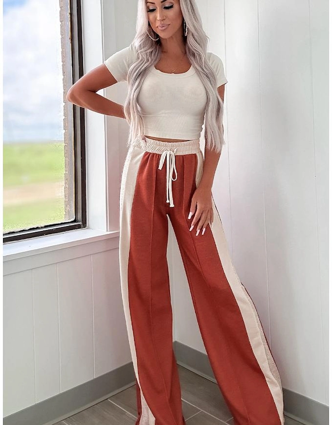 Flamingo Color Block Drawstring High Waist Wide Leg Pants