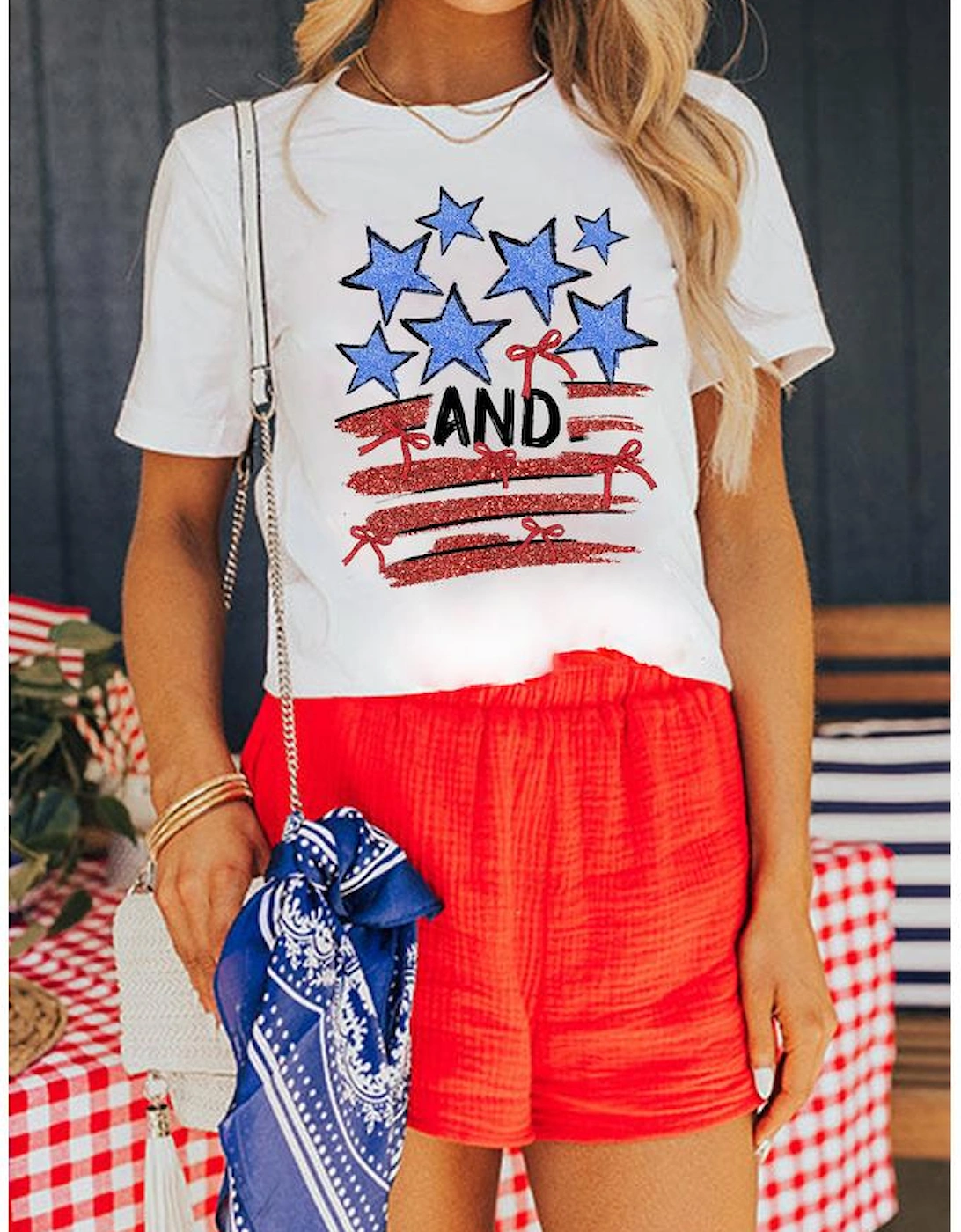 White Stars AND Stripes Bow Graphic T Shirt