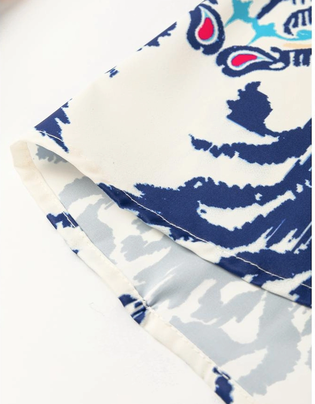 Blue Ethnic Print Striped Split Neck Long Sleeve Flowy Mini Dress