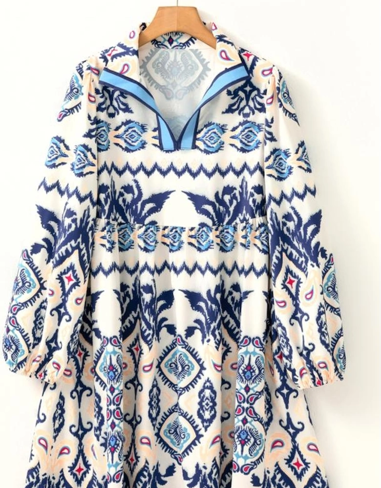 Blue Ethnic Print Striped Split Neck Long Sleeve Flowy Mini Dress
