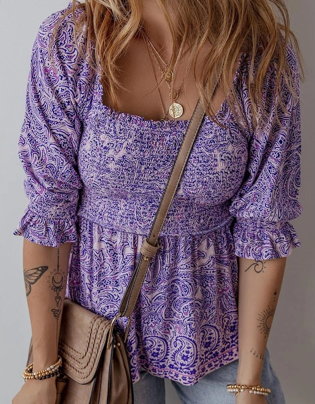 Purple Boho Paisley Print Half Sleeve Shirred Peplum Blouse