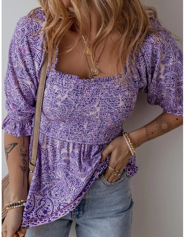 Purple Boho Paisley Print Half Sleeve Shirred Peplum Blouse