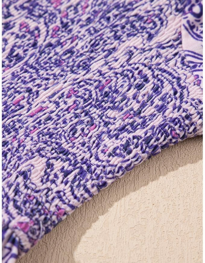 Purple Boho Paisley Print Half Sleeve Shirred Peplum Blouse