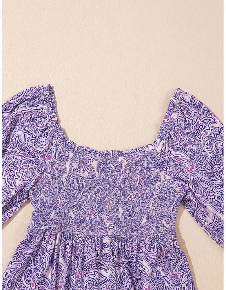 Purple Boho Paisley Print Half Sleeve Shirred Peplum Blouse