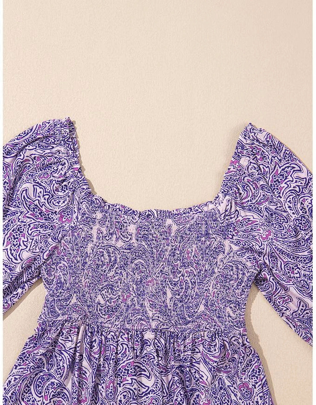 Purple Boho Paisley Print Half Sleeve Shirred Peplum Blouse