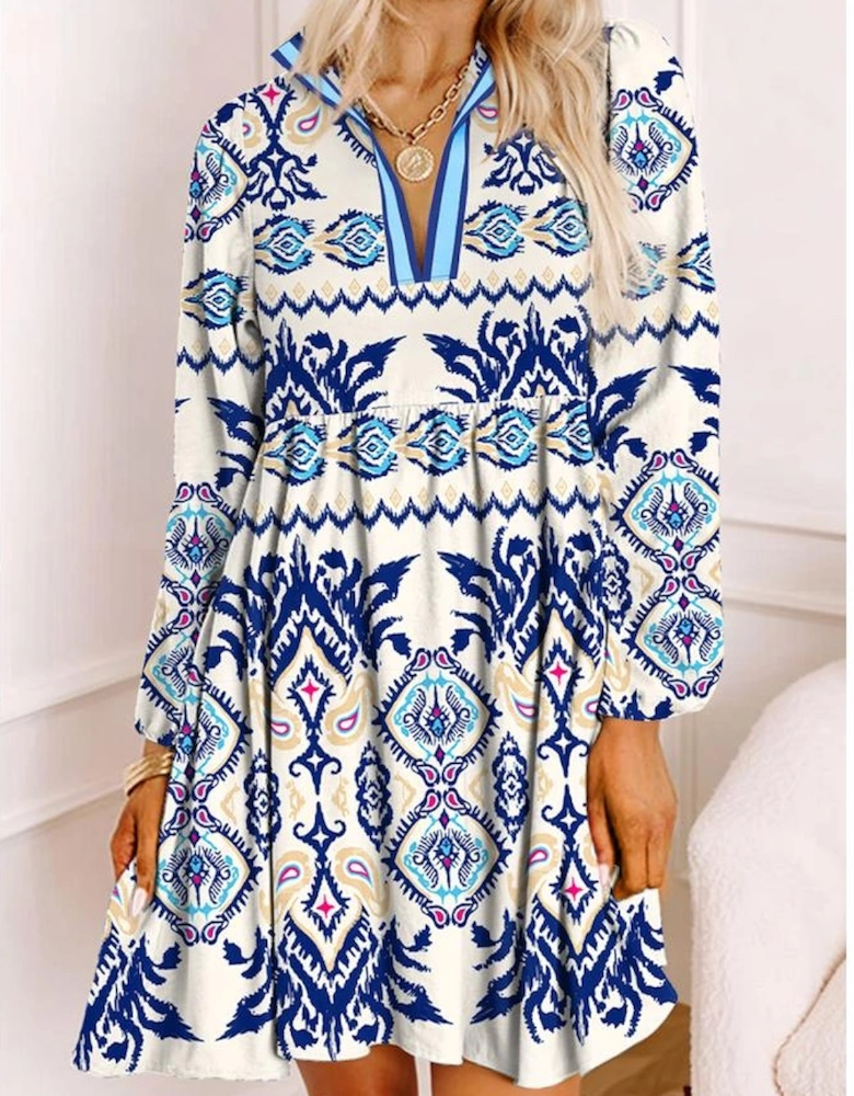 Blue Ethnic Print Striped Split Neck Long Sleeve Flowy Mini Dress
