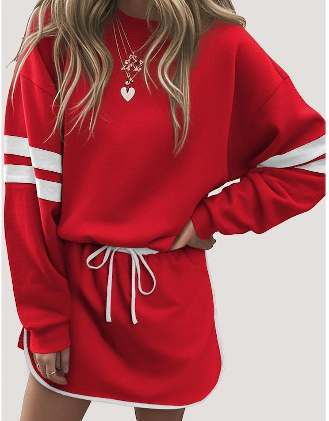 Fiery Red Varsity Stripe Detail Drop Shoulder Pullover Mini Skirt Set