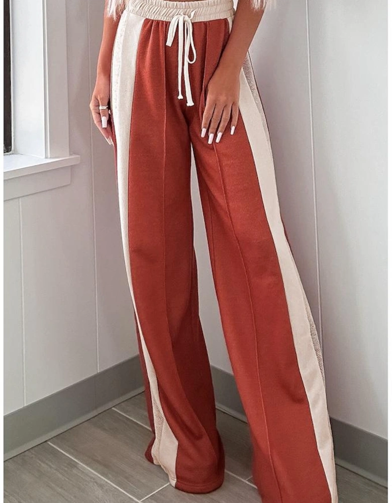 Flamingo Color Block Drawstring High Waist Wide Leg Pants