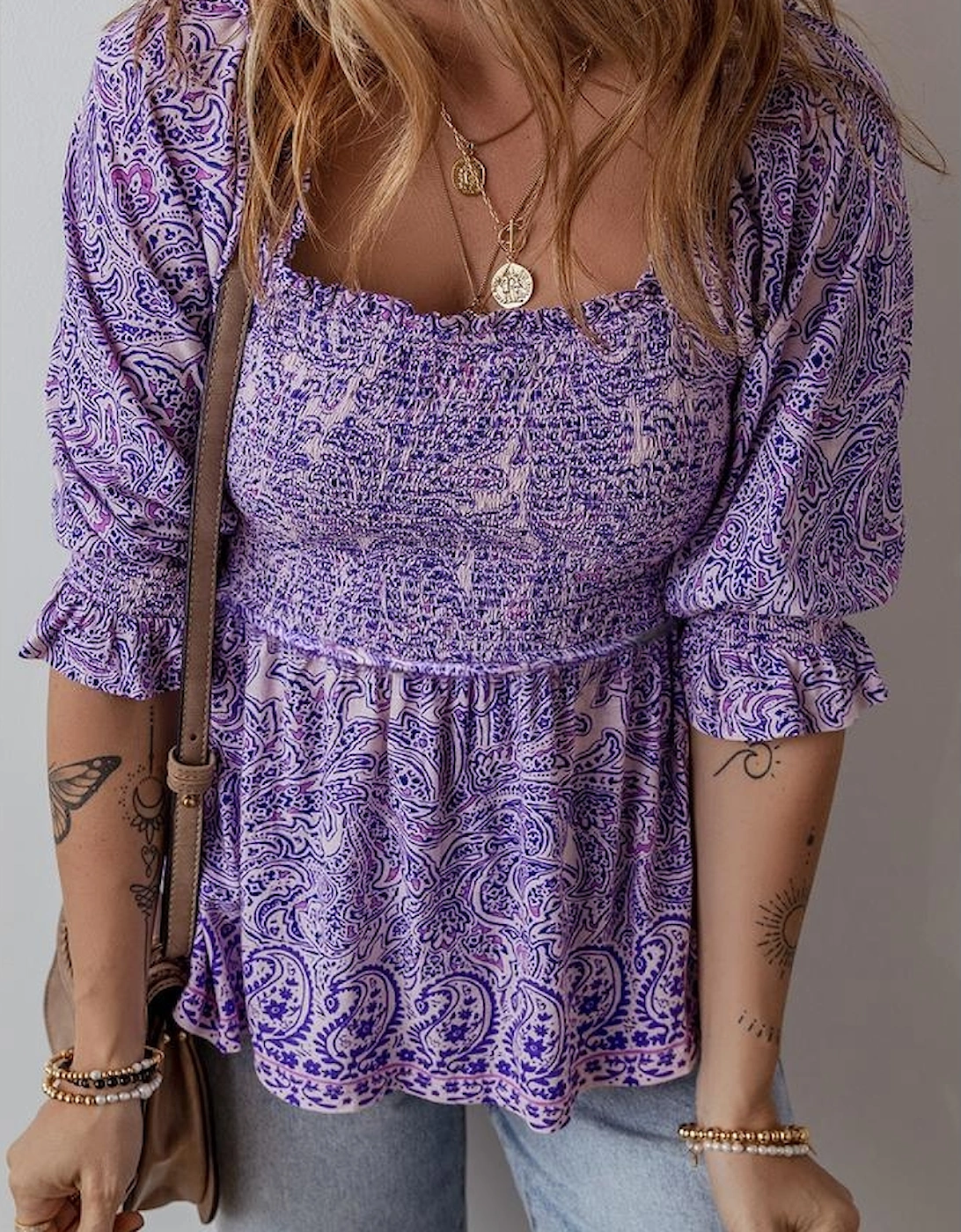 Purple Boho Paisley Print Half Sleeve Shirred Peplum Blouse