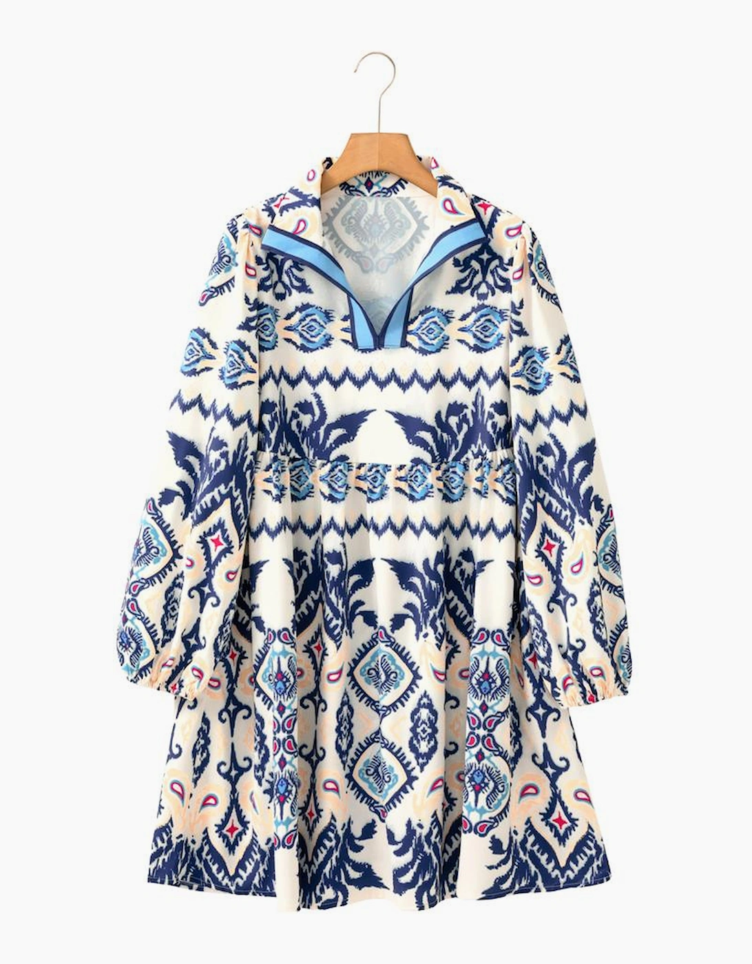 Blue Ethnic Print Striped Split Neck Long Sleeve Flowy Mini Dress