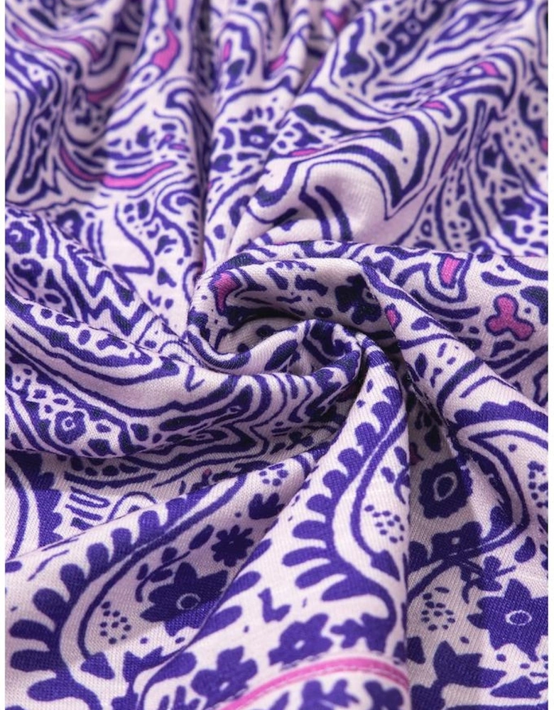 Purple Boho Paisley Print Half Sleeve Shirred Peplum Blouse