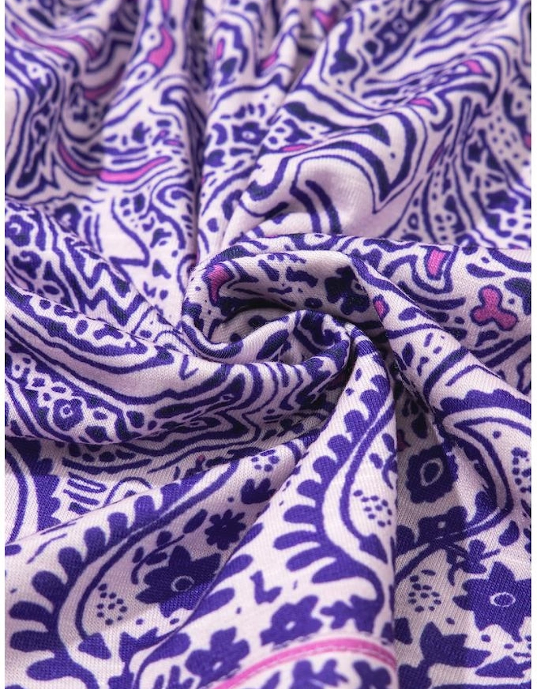 Purple Boho Paisley Print Half Sleeve Shirred Peplum Blouse