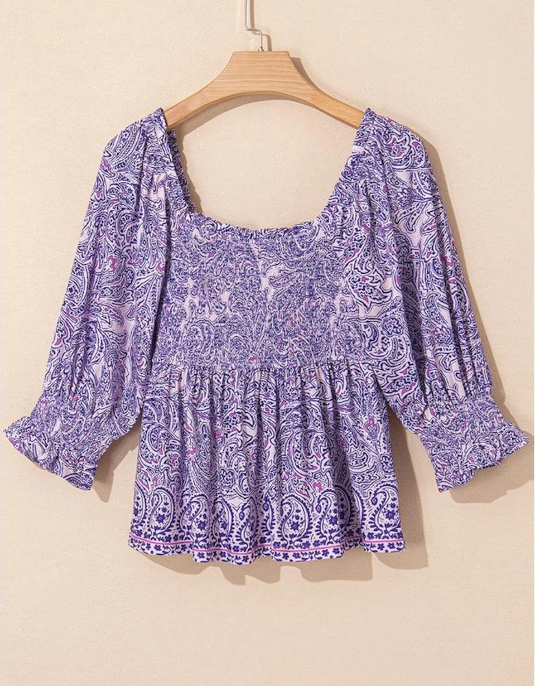 Purple Boho Paisley Print Half Sleeve Shirred Peplum Blouse
