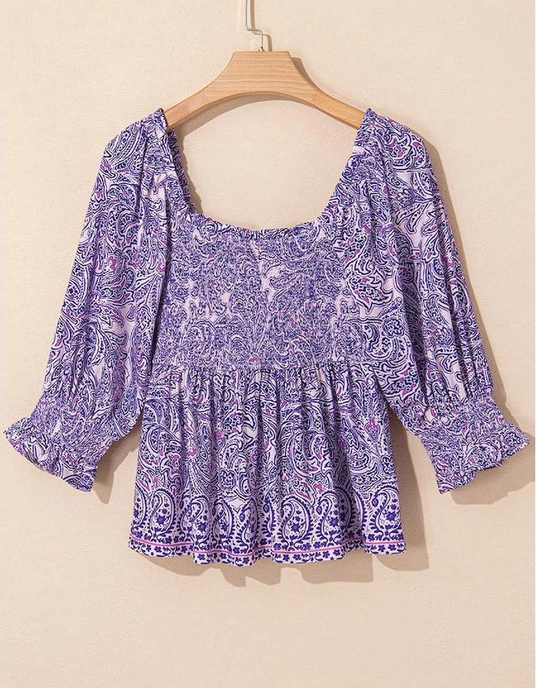 Purple Boho Paisley Print Half Sleeve Shirred Peplum Blouse