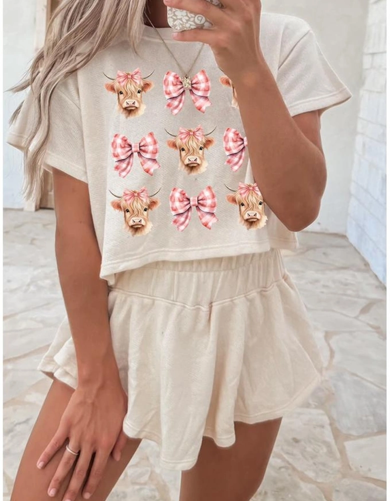 Beige Cow with Bows Cropped Tee and Skort Set