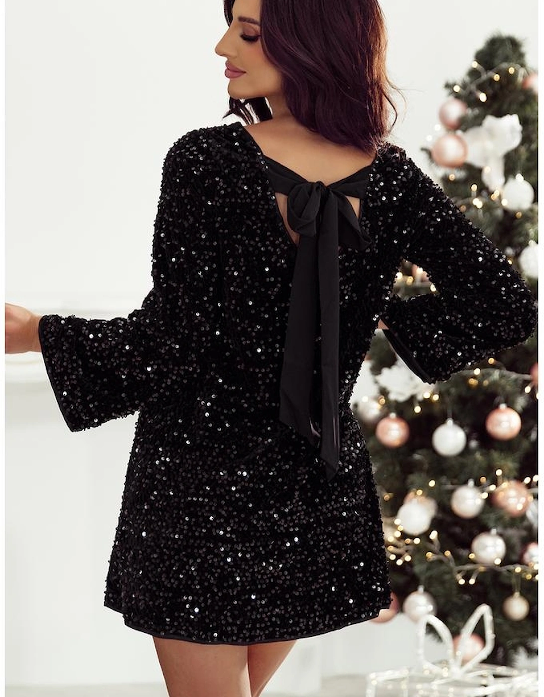 Black Sequin Long Sleeve Knot Cutout Back Mini Dress