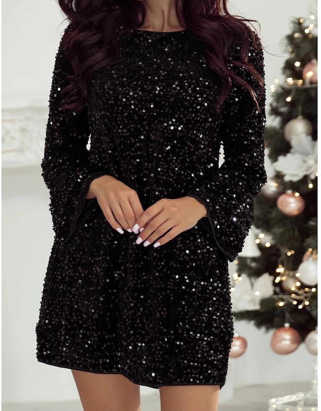 Black Sequin Long Sleeve Knot Cutout Back Mini Dress