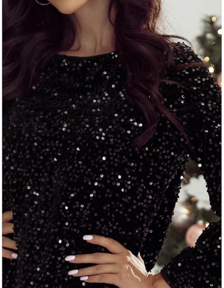 Black Sequin Long Sleeve Knot Cutout Back Mini Dress