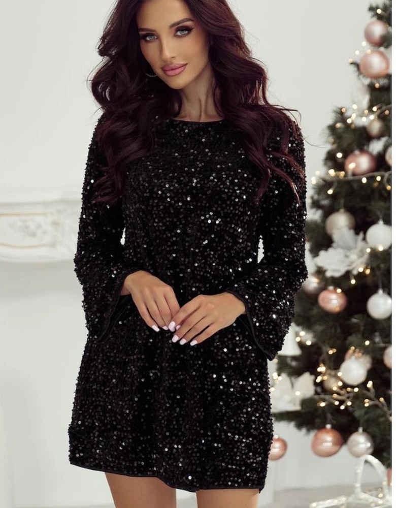 Black Sequin Long Sleeve Knot Cutout Back Mini Dress