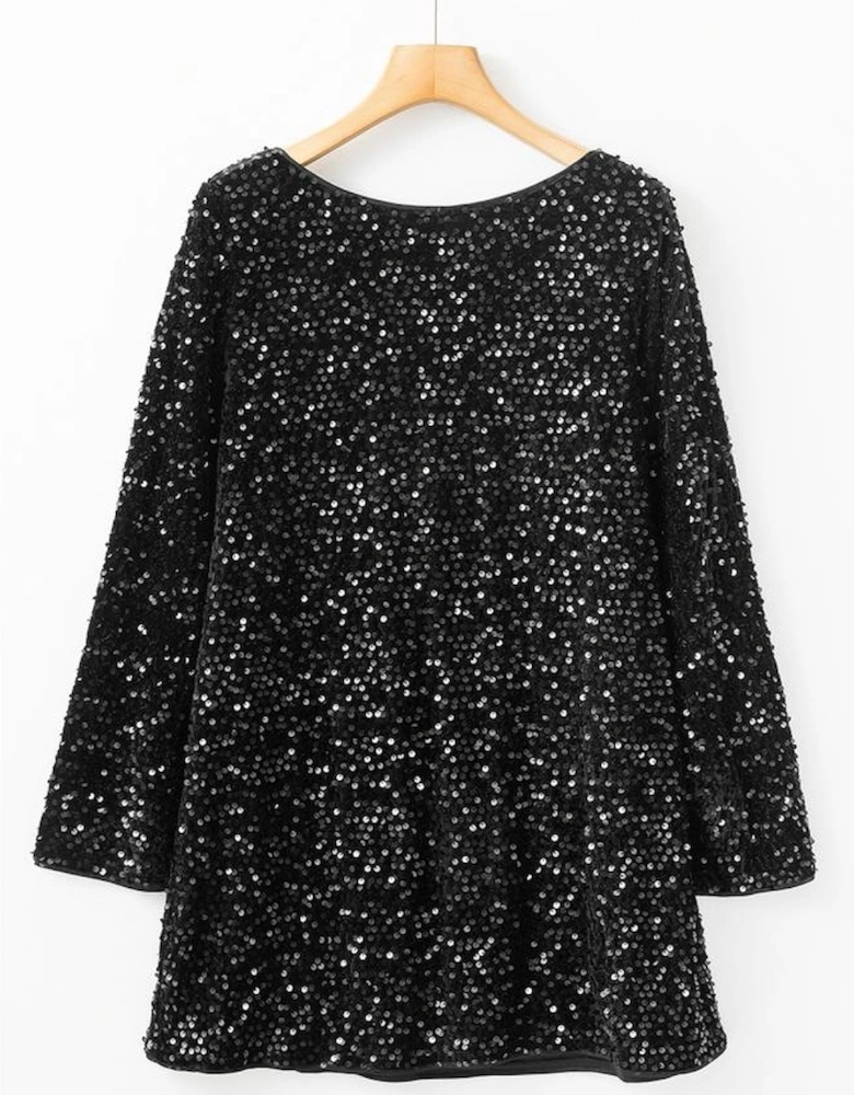 Black Sequin Long Sleeve Knot Cutout Back Mini Dress