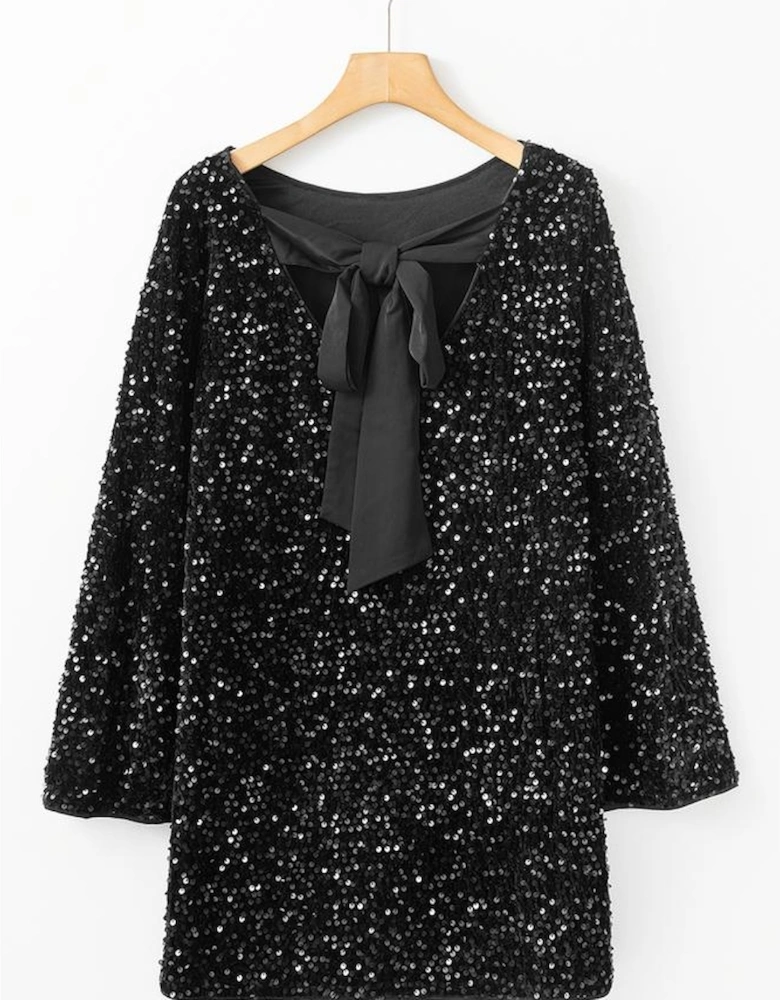 Black Sequin Long Sleeve Knot Cutout Back Mini Dress